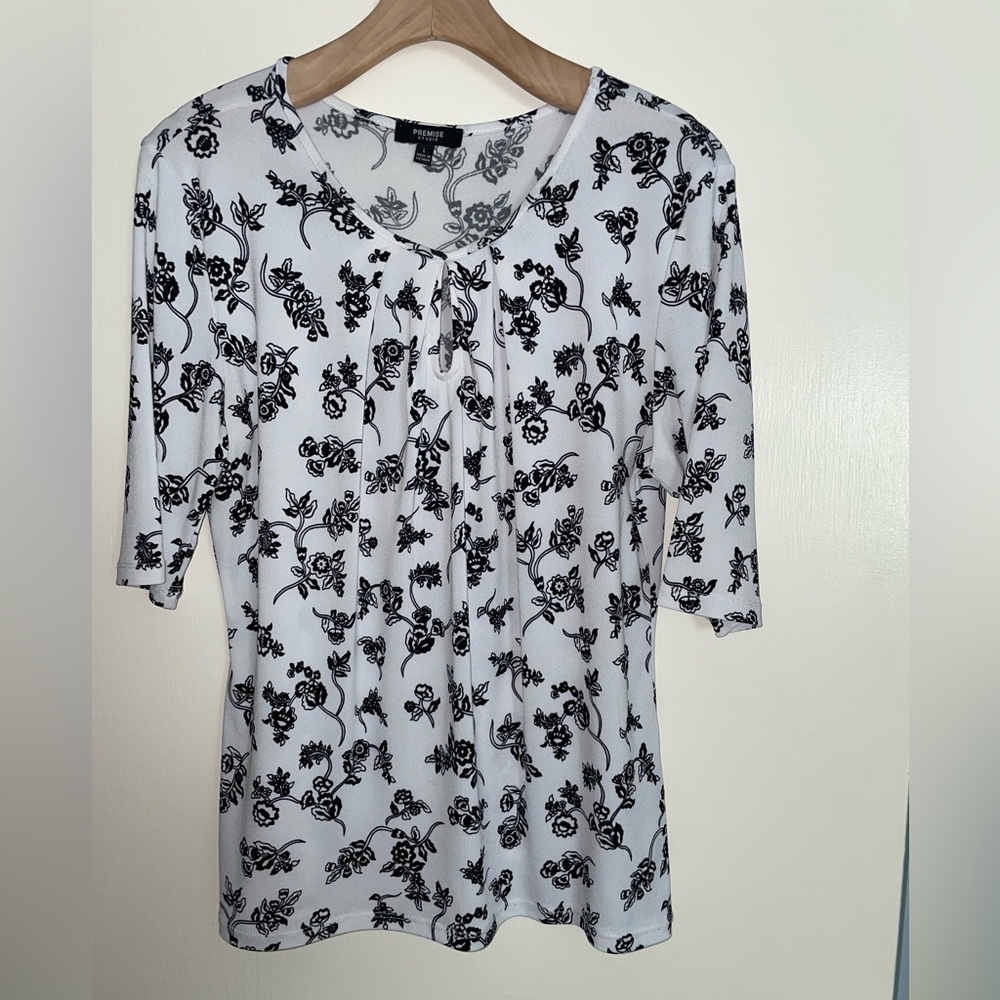 Premise Studio white shirt with black flowers, size L